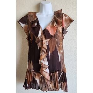 Cato Brown Peach Accordion Pleated Button Ruffled Top XL Short Capped Sleeve